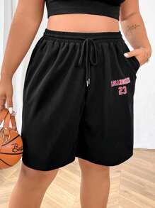 Flirla 大尺碼女式字母印花束口腰短褲 - 黑色 - 查看 5