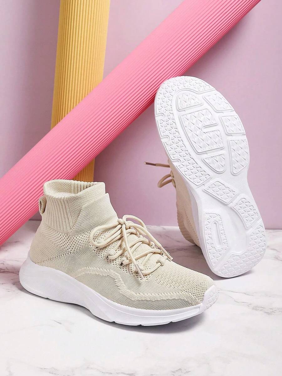 春夏女孩青少年透氣輕便運動風襪子鞋,米色 - 米色 - 查看 1