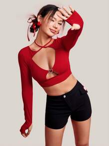 SHEIN PETITE Của phụ nữ Dây chéo Cái cổ Xu hướng: Cắt giảm Áo - Đỏ - Xem 7