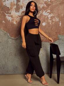 SHEIN SXY Conjunto de top y pantalones de dos piezas para mujer, con estilo boho fashion para festival de música. El top tiene diseño hueco, mangas largas de punto negro, costuras laterales y detalles en el pecho, con efecto desgarrado y sexy, ideal para vacaciones elegantes. Los pantalones tienen cintura alta, varios bolsillos, cintura elástica y diseño holgado de boca larga. - Negro - Ver 5
