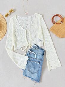 Soleia Women's Solid Color Knit Hollow Out Cardigan With Tie - White - View 1