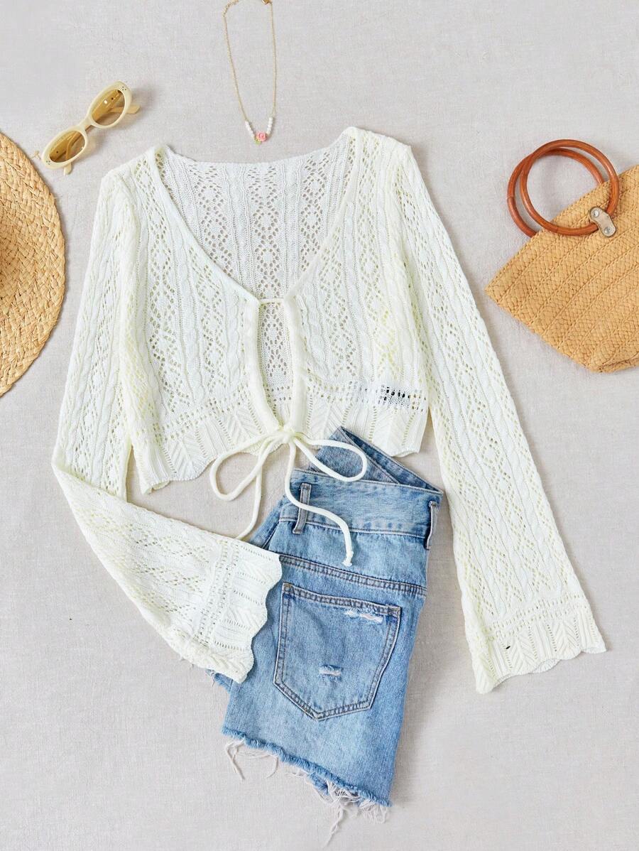 Soleia Women's Solid Color Knit Hollow Out Cardigan With Tie - White - View 1