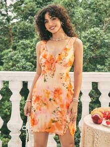 Soleia Ladies' Tie-Dyed Floral Printed Ruffle Hem Dress - Multicolor - View 1