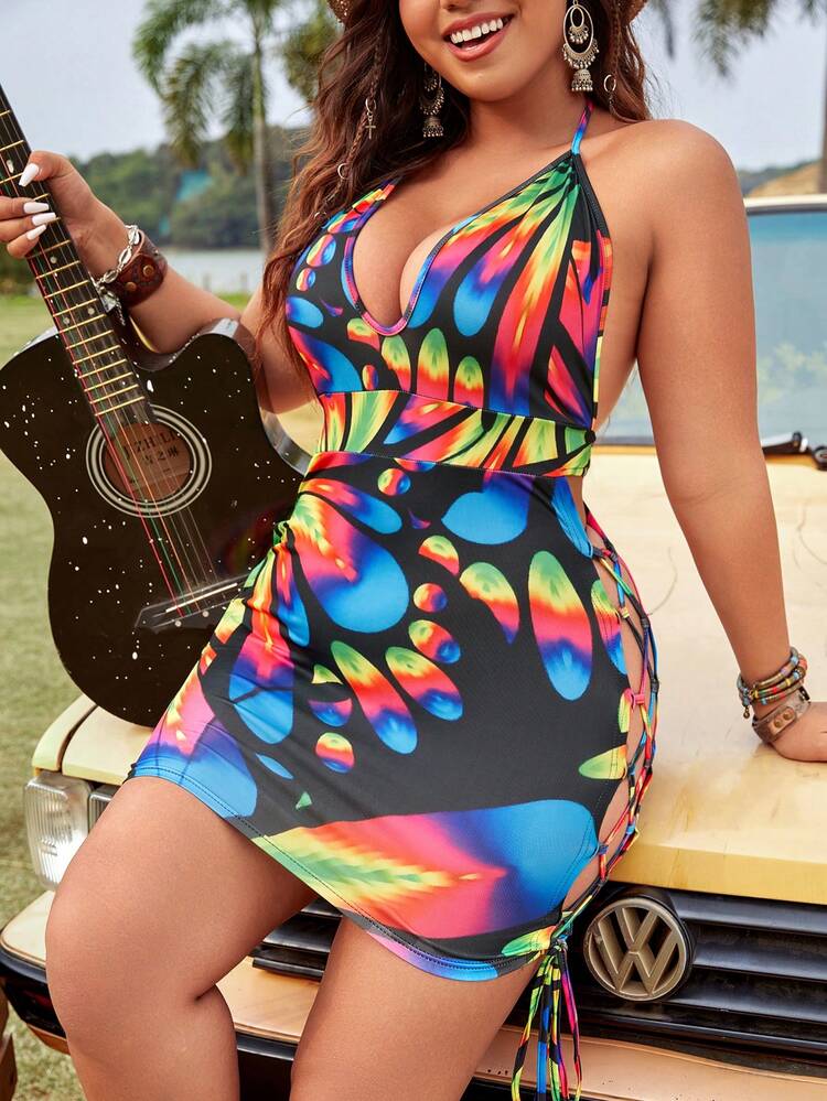 Plus Size Colorful Flower Print Deep V-Neck Backless Halterneck Thigh-High Split Dress With Tie-Up Sides