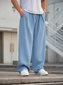 Manfinity Hypemode 男士纯色斜口袋裤，外出时尚纯色长款加大码抽绳裤，适合送给老公、男朋友的礼物 - 淺藍色 - 查看 4
