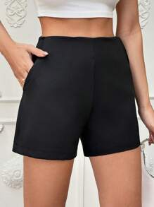 SHEIN Damen Shorts in Große Größen mit schrägen Taschen - Schwarz - Übersicht 1