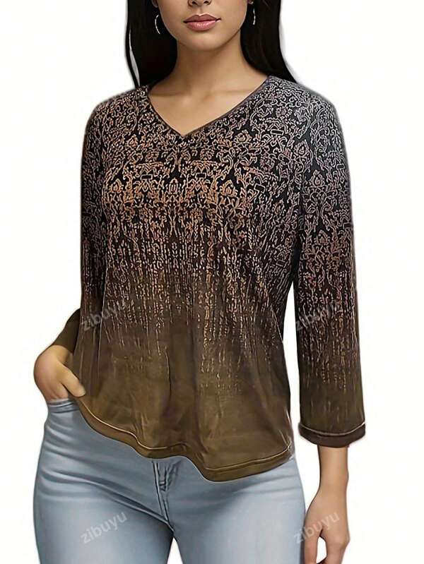 Women Printed V-Neck Casual Daily Spring Summer Long Sleeve T-Shirt