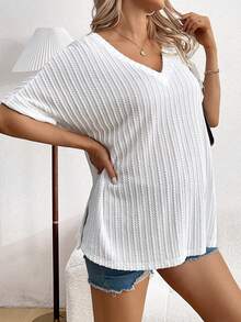 SHEIN Thai sản Cổ chữ V Ngắn tay Viền chia cắt Lỏng lẻo phù hợp Giải trí Áo thun , Mùa hè - trắng - Xem 5