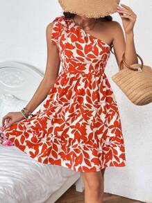 Breezaya Women's One Shoulder Sleeveless Dress With Plant Print