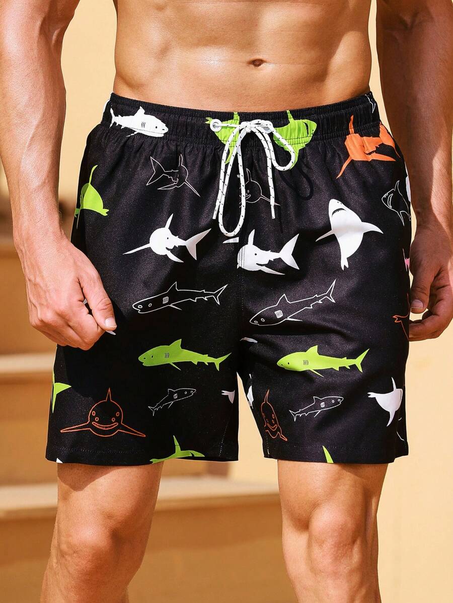 Manfinity Men's Shark Printed Beach Shorts - Multicolor - View 1