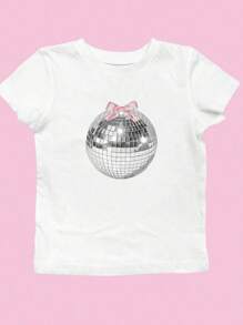 SHEIN EZwear Casual Pink Bow & Balloon Pattern Round Neck Short Sleeve Cropped Fitted Women T-Shirt, Cotton Blend, Suitable For Summer - White - View 1