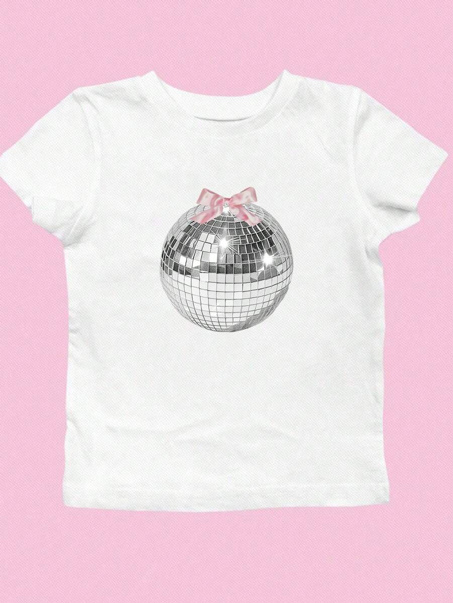 SHEIN EZwear Casual Pink Bow & Balloon Pattern Round Neck Short Sleeve Cropped Fitted Women T-Shirt, Cotton Blend, Suitable For Summer - White - View 1