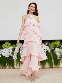 MOTF PREMIUM STEREO FLOWER DETAIL LAYERED RUFFLE HEM HALTER DRESS,HOLIDAY PARTY BIRTHDAY FORMAL EVENING OCCASSION