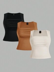 Flirla Top De Depósito Plisado De Color Sólido Para Mujer De Talla Grande - Multicolor - Ver 1