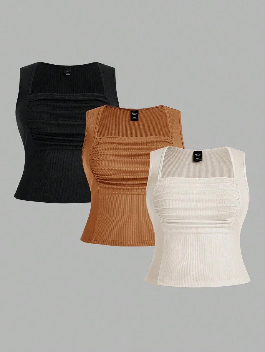 Flirla Top De Depósito Plisado De Color Sólido Para Mujer De Talla Grande - Multicolor - Ver 1