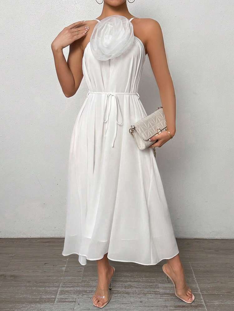 Women's Spaghetti Strap Dress With 3d Flower Decorations