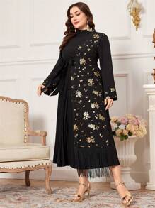 Al Najma Übergröße Zufälliger Goldbedruckter Blumengürtel & Stehkragen & Fransen Saum Splice Kleid