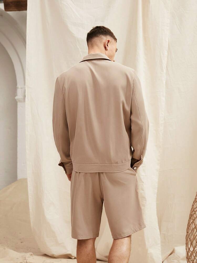 Men's Long Sleeve Woven Casual Shirt And Shorts 2pcs/Set