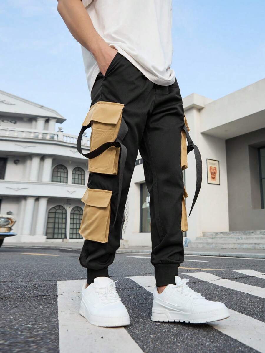 Manfinity Roghcode Men's Contrasting Colors Cargo Pants With Pockets And Elastic Cuffs - Black - View 1