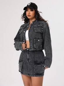 SHEIN ICON Plus Size Women's Multi-Pocket Cropped Denim Jacket