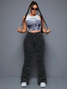 SHEIN ICON Kích thước lớn Của phụ nữ Quần denim Với Túi Và Xếp - màu đen - Xem 4