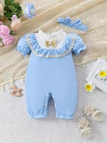 Baby Girl Jumpsuit Light Blue Vintage Floral Lace Bowknot Sweet Cute Jumpsuit