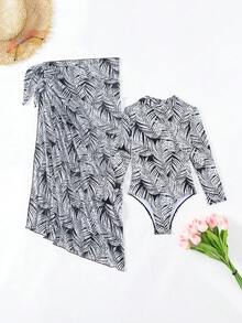 SHEIN Swim 女士一片式無鋼圈游泳衣＆植物和葉子印花比基尼＆海灘長裙套裝 - 黑與白 - 查看 6