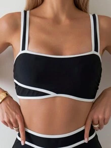 Swim SPRTY Conjunto de bikini con bloques de color, ribete contrastante y escote cuadrado, bikini de verano para playa y vacaciones