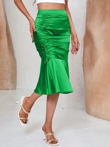 GENKIRA Women's Solid Color Pleated Drawstring Mermaid Skirt - Green - View 4
