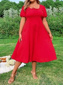 Flirla Plus Size Women's Solid Color Square Neck Short Puff Sleeve Dress - Red - View 1