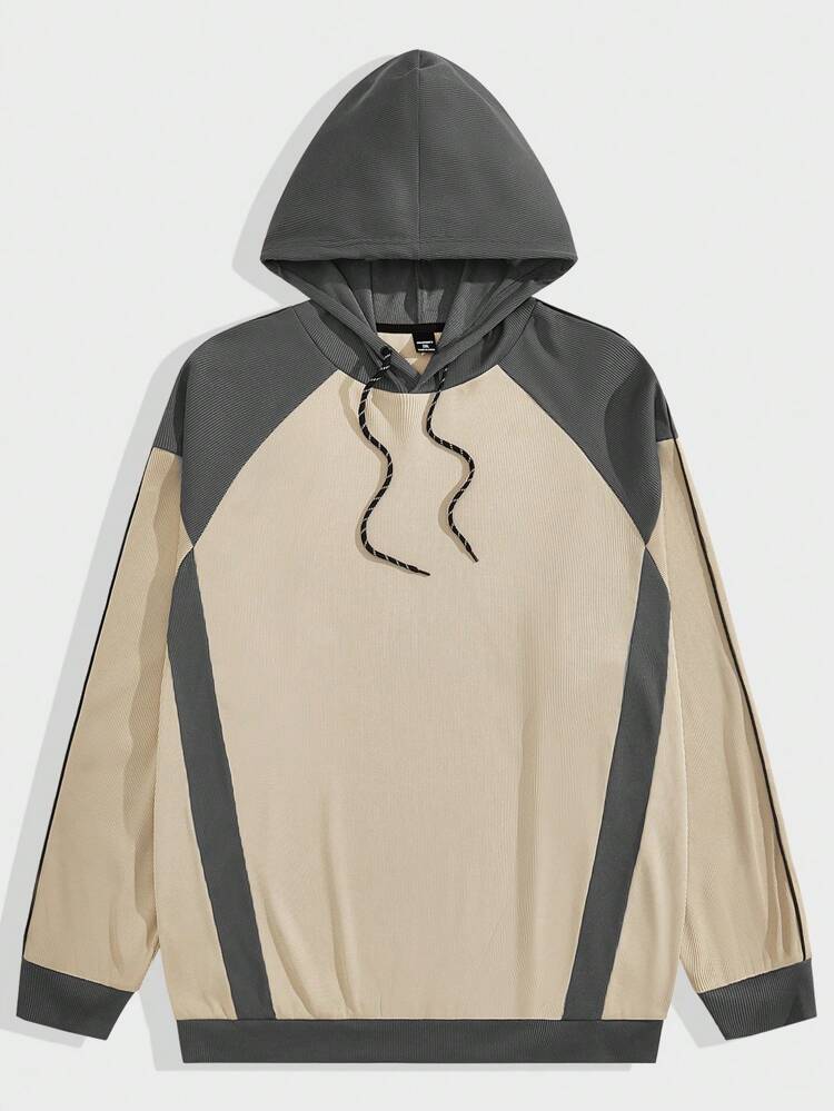 Men's Plus Size Casual Drawstring Sweatshirt With Color Block Patchwork, For Fall Winter