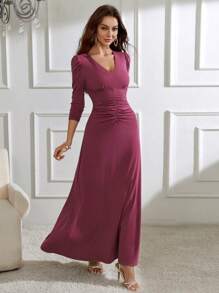 Modelyn Women's V-Neck Ruched Detail Dress, Wedding Guest Dress - Purple - View 4