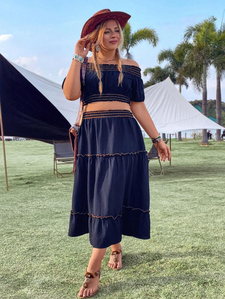 Plus-Size Two-Piece Set Including Color-Block Off Shoulder Cropped Top And A-Line Skirt