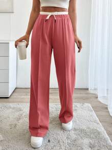 SHEIN Cottnline Drawstring Waist Pants - Watermelon Pink - View 4
