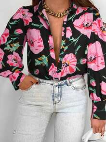 Hơn In hoa Tay áo lồng đèn Áo sơ mi - màu đen - Xem 2