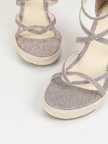 Women's Minimalist Ankle Strap Espadrille Shoes, Holiday Pink Rhinestone Detail Rear Zipper Jute Platform Wedge Sandals - Pink - View 5