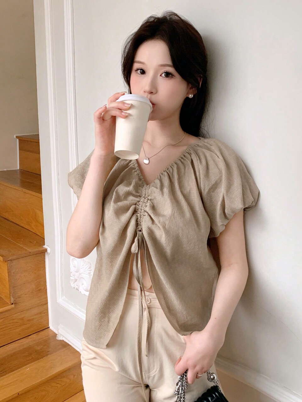 Solid Color V-Neck Short Sleeve Drawstring Shirt