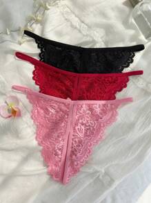 SHEIN 3pcs/Set Sexy Open Crotch Lace Panties - Assorted Colors Lingerie - Multicolor - View 2
