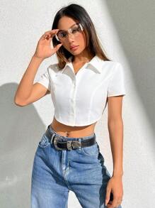 SHEIN PETITE 女式纯色不对称下摆短袖衬衫、短袖上衣 - 白色 - 查看 6