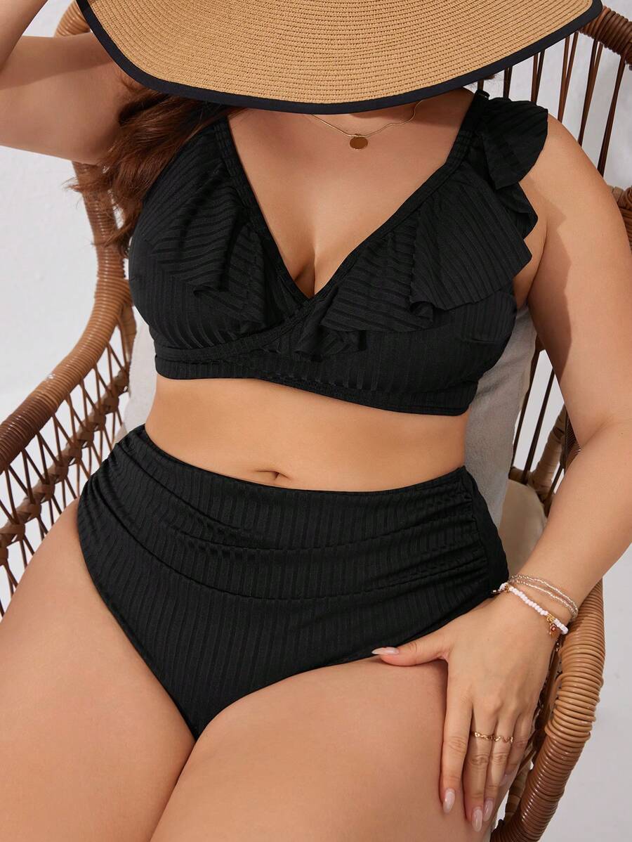 SHEIN Swim Curve 大尺碼單色鬆緊針織泳衣套裝 - 黑色 - 查看 1