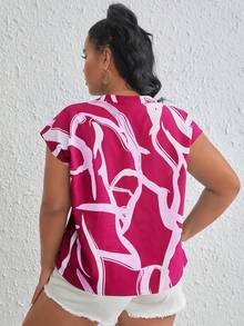 SHEIN LUNE Kích thước lớn Của phụ nữ Batwing Ngắn tay Áo sơ mi Với In Mẫu - Màu Hồng Tươi - Xem 2