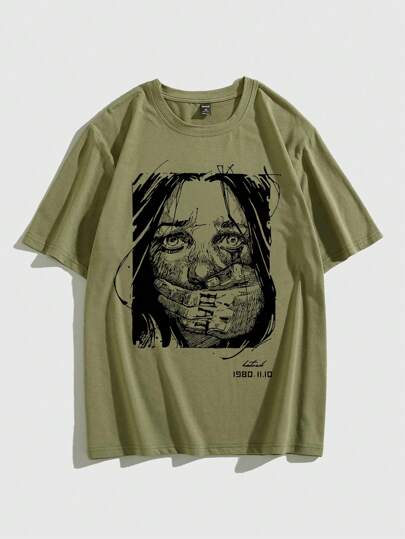 Goth تي شيرت رجالي قصير الأكمام صيفي بطباعة صورة شخصية مشوشة