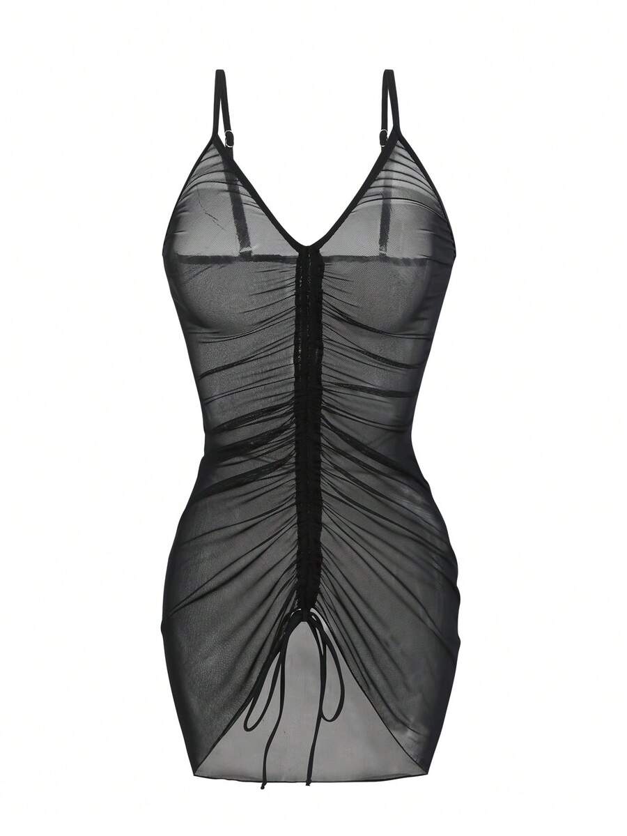 SHEIN Swim Vestido de cubierta de malla transparente elegante y sexy para playa de verano - Negro - Ver 1