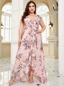 Plus Floral Print Ruffle Trim Belted Bridesmaid Dress - Pink - View 6