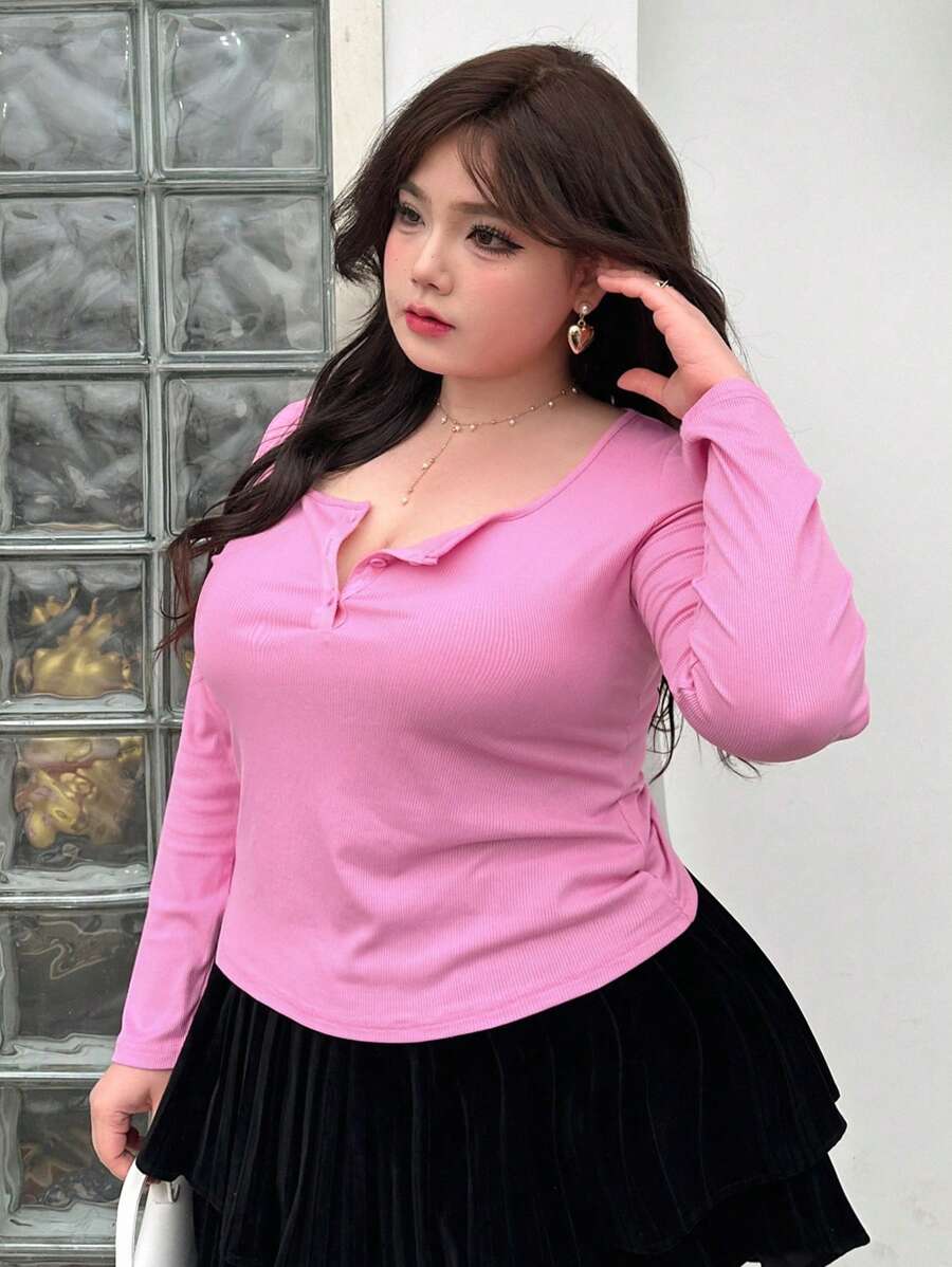 Dazy Plus Áo thun dệt kim gân dáng ôm màu trơn cỡ lớn tay dài - Màu Hồng Tươi - Xem 1