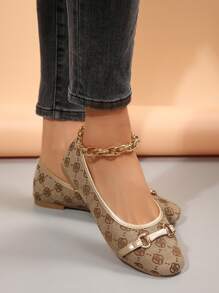 女士方头松紧带搭扣装饰平底乐福鞋，四季皆宜 - 棕色 - 查看 3