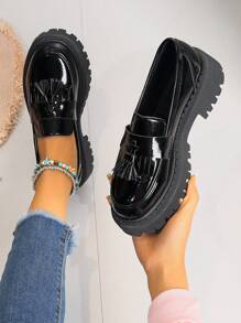 Women's Casual, Fashionable & Comfortable High Heel Thick-Soled Loafers With Tassel Design For Spring And Autumn, Wedge Heel & Thick-Soled Shoes