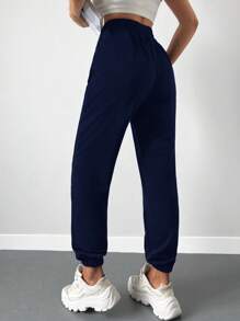 SHEIN Cottnline Pantalones De Carga Con Cintura Con Cordón Y Puños, De Color Sólido - Azul Marino - Ver 2