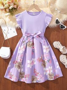 SHEIN Tween Girls' Floral Patchwork Printed Dress With Ruffle Trim - Purple - View 1