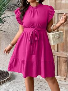 EMERY ROSE 帶腰帶、荷葉邊修飾的大碼襯領褶邊連衣裙 - 玫紅色 - 查看 4